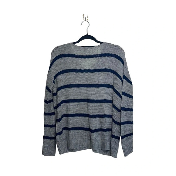 Maurices Heather Gray & Navy Blue Striped V-neck Knit Sweater Small Women’s - Picture 6 of 11